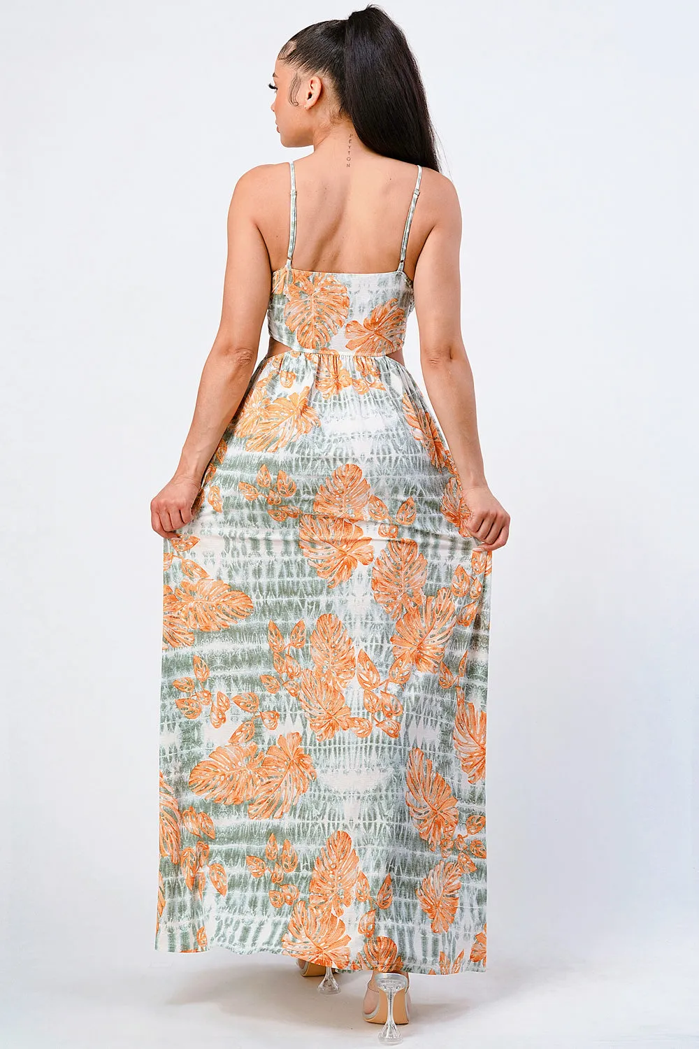 FLORAL PRINT SIDE CUTOUT SLITTED MAXI DRESS