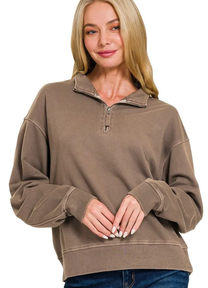 French Terry Half Zip Pullover in Brown by Zenana