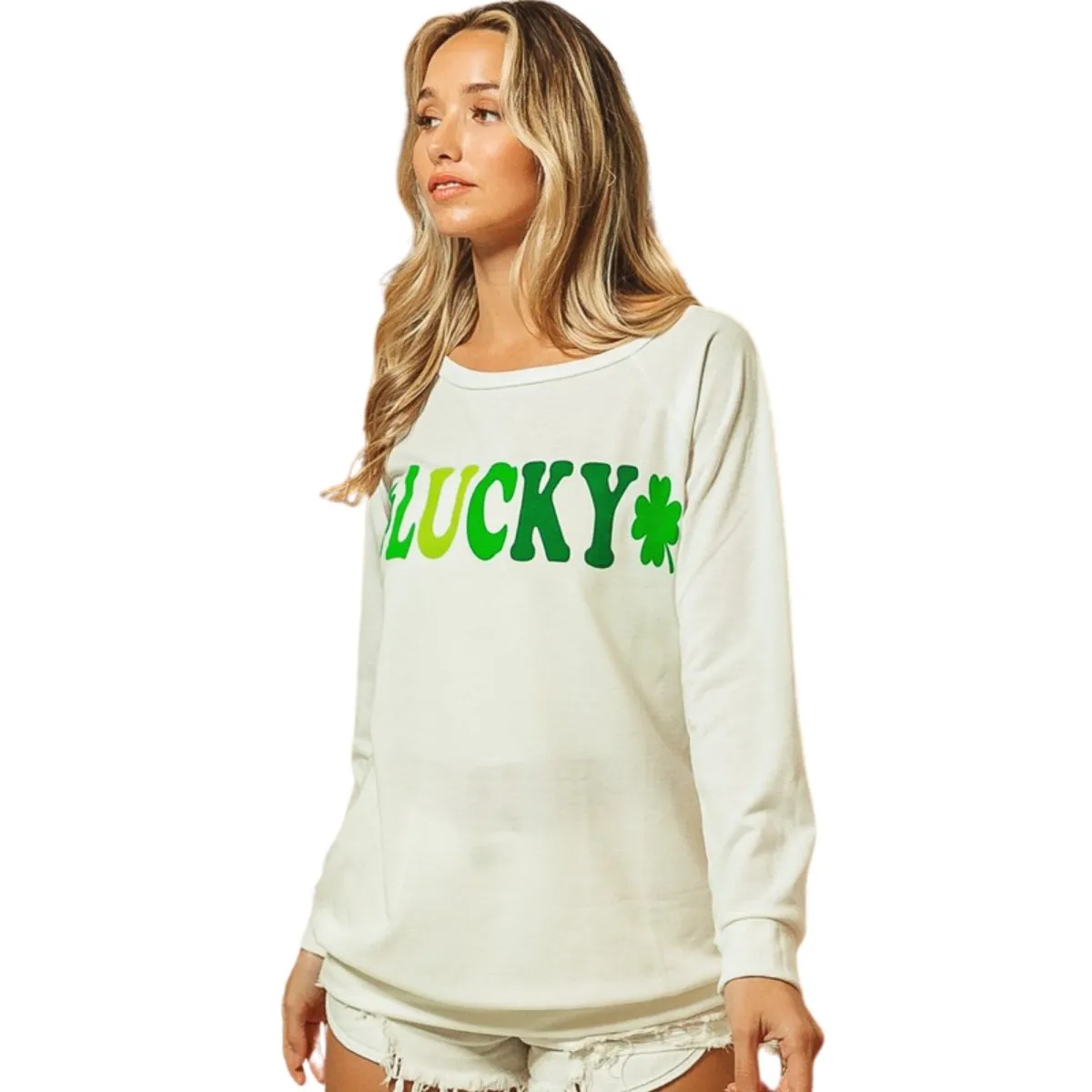 French Terry Knit Lucky Graphic Pullover Top