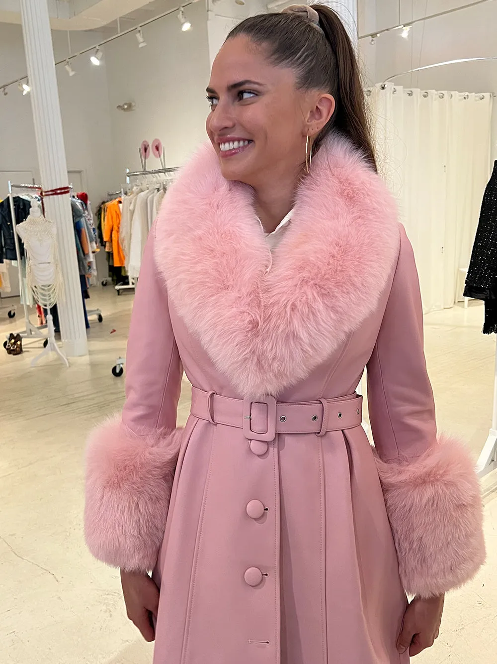 Fur Foxy Leather Coat in Light Pink