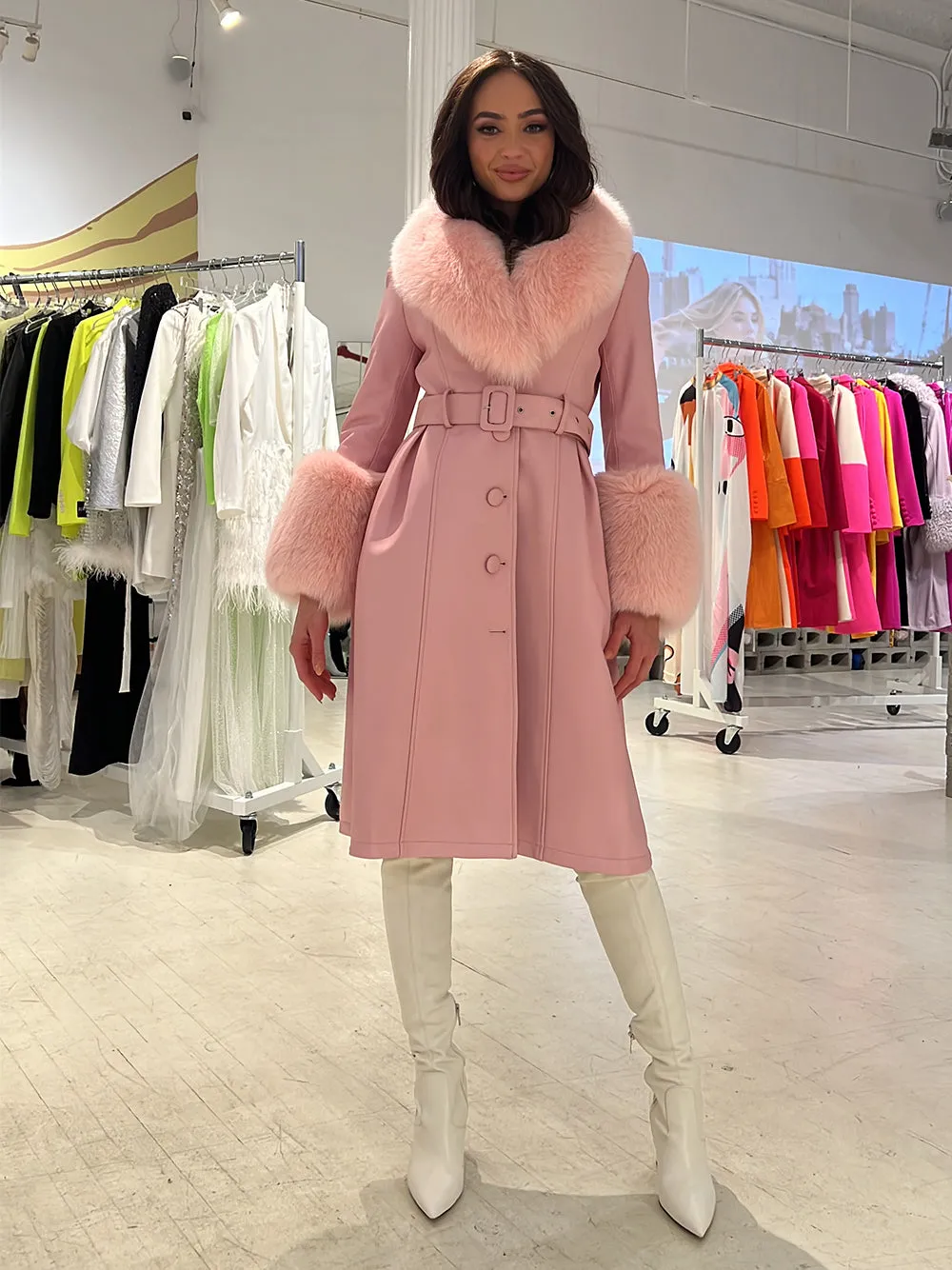 Fur Foxy Leather Coat in Light Pink