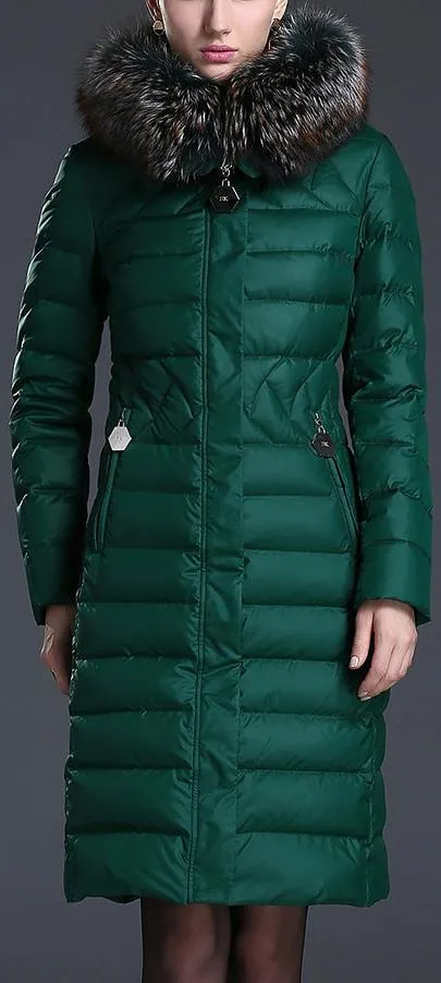 Fur-Hooded Duck Down Fill Puffer Coat, Green