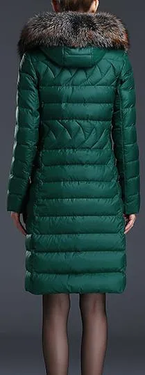 Fur-Hooded Duck Down Fill Puffer Coat, Green