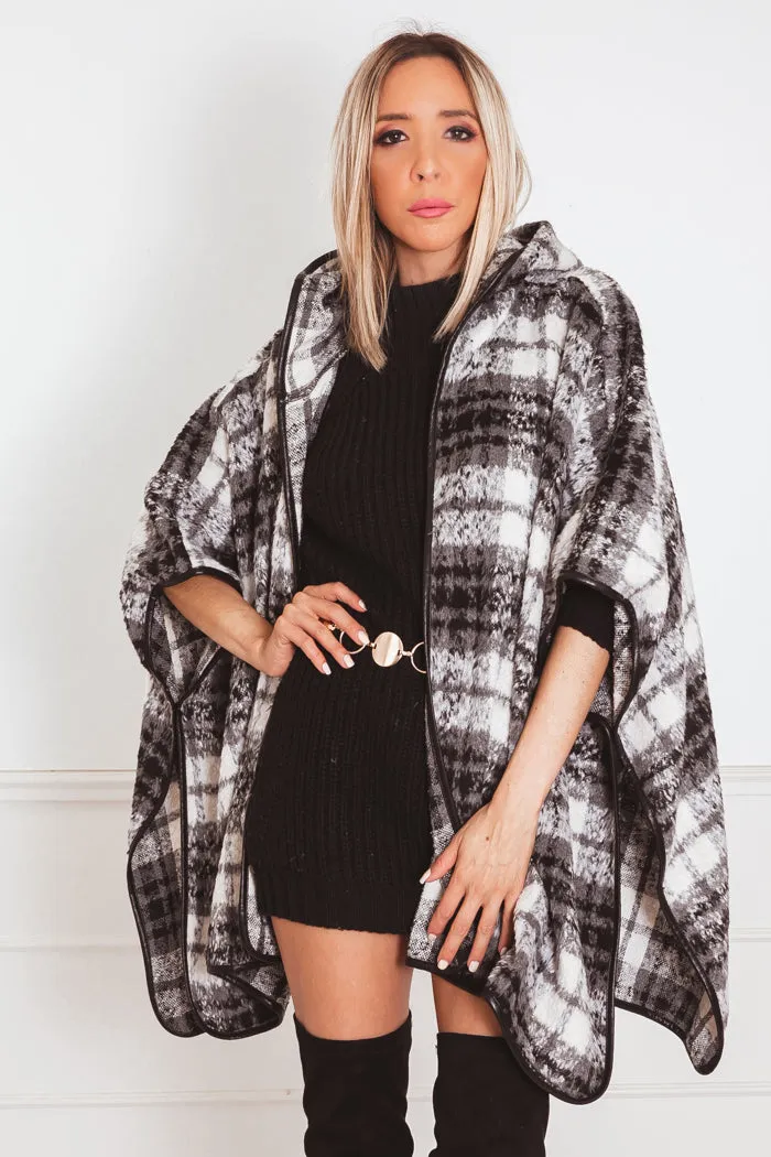 Fur Plaid Poncho Coat