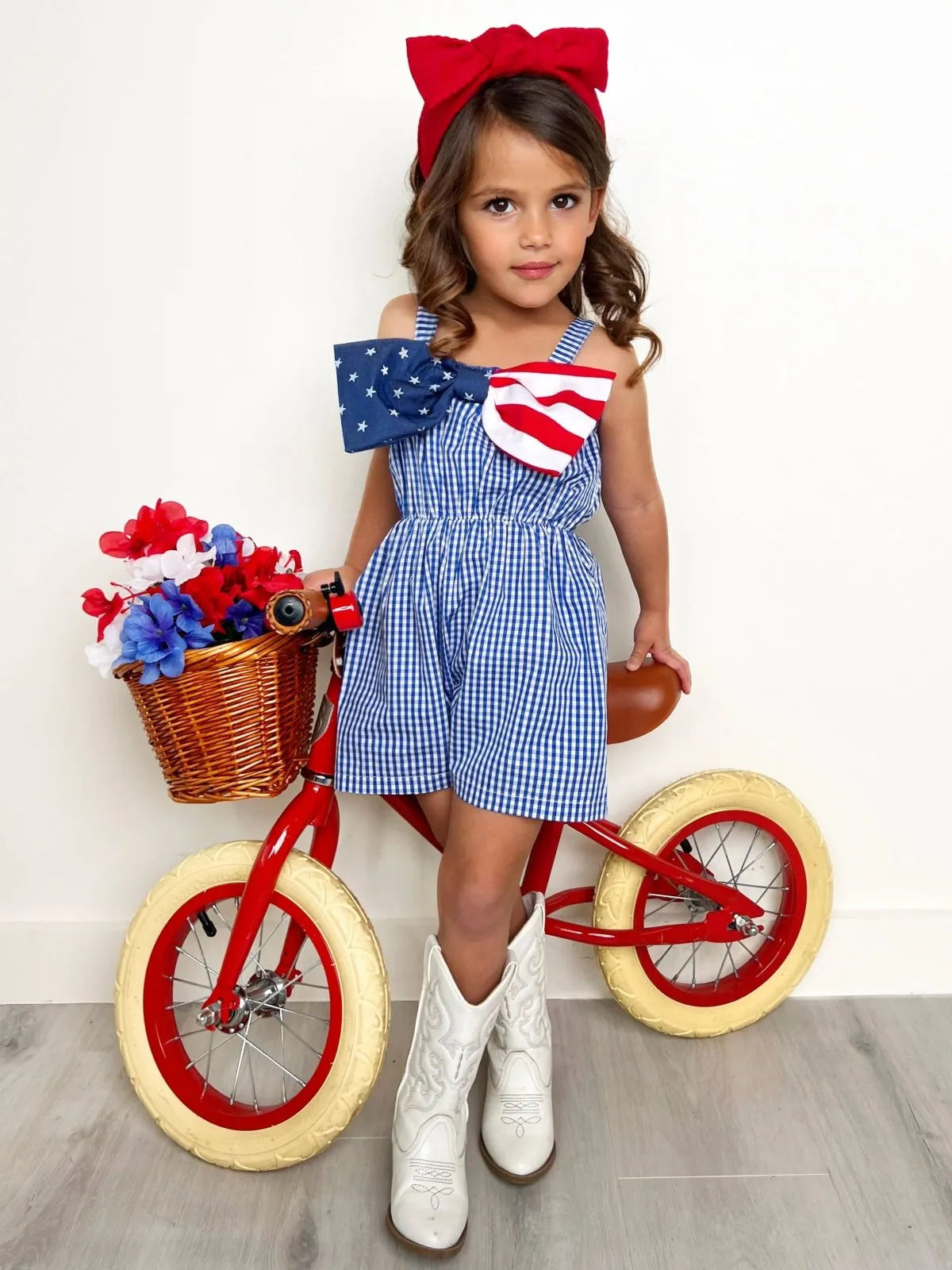 Girls Blue Belle Americana Bow Gingham Romper