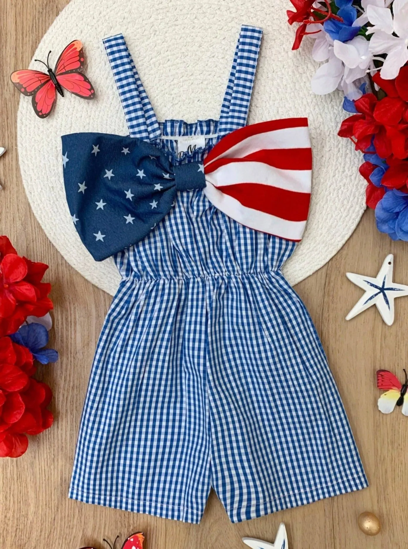 Girls Blue Belle Americana Bow Gingham Romper