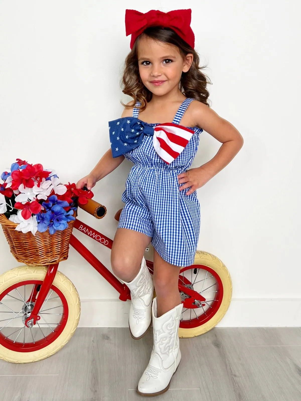 Girls Blue Belle Americana Bow Gingham Romper