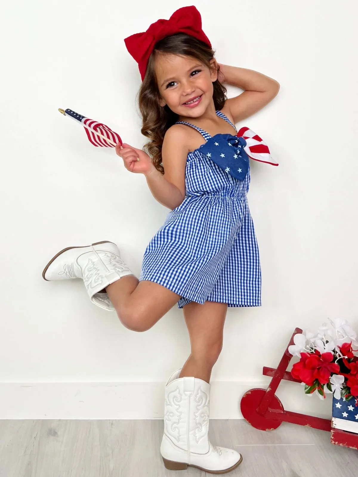 Girls Blue Belle Americana Bow Gingham Romper