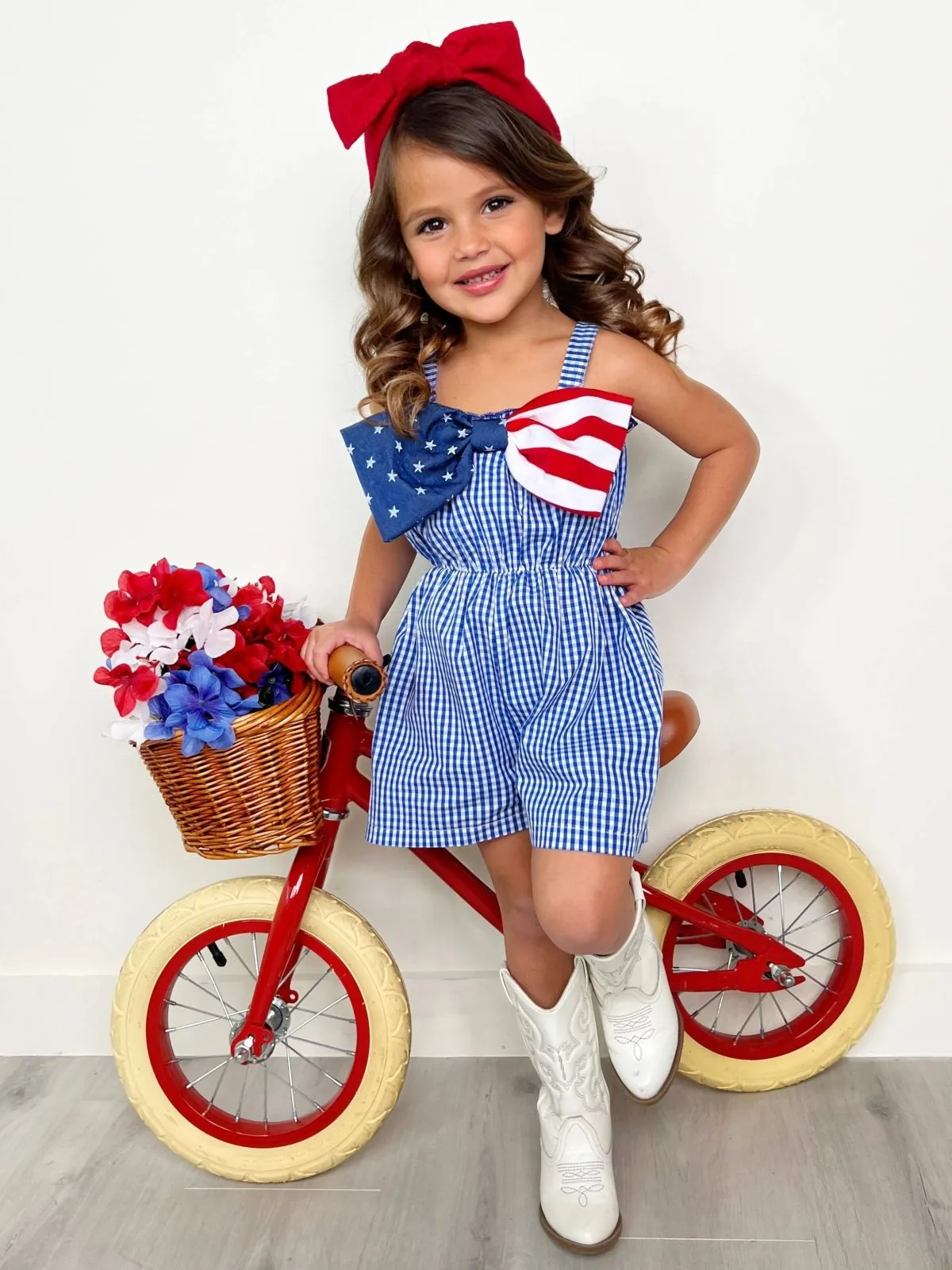 Girls Blue Belle Americana Bow Gingham Romper