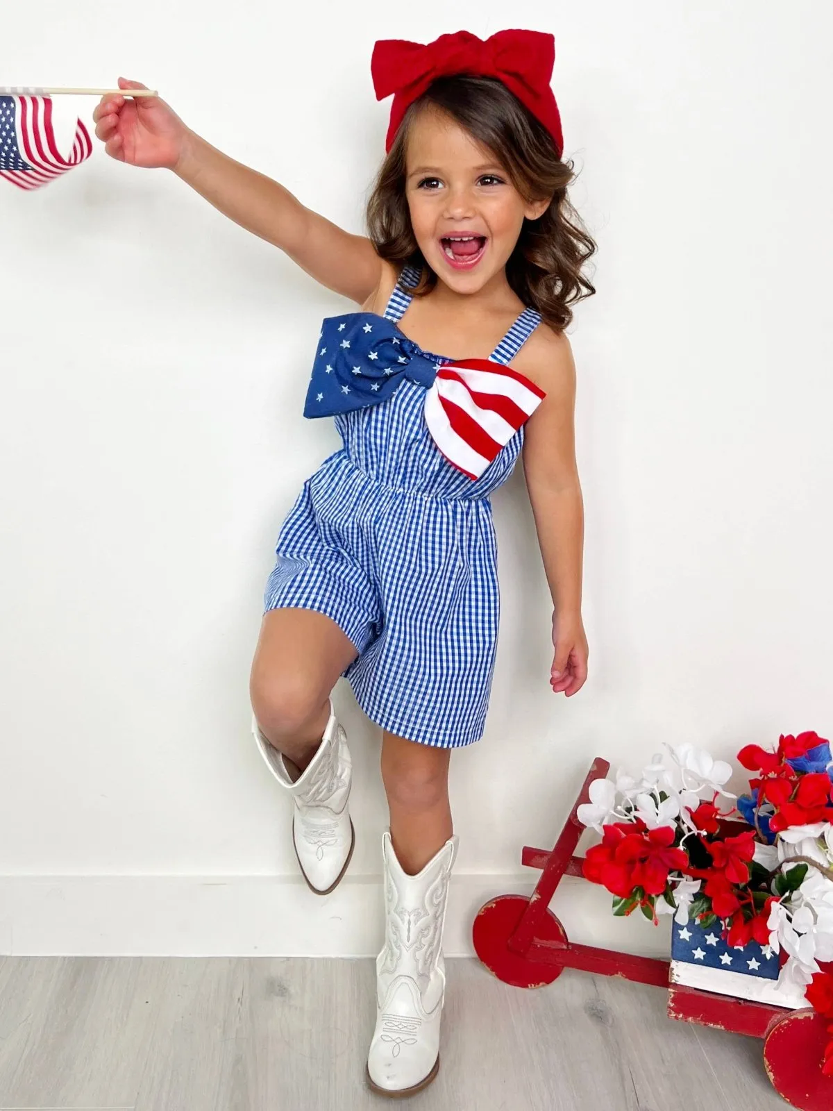 Girls Blue Belle Americana Bow Gingham Romper