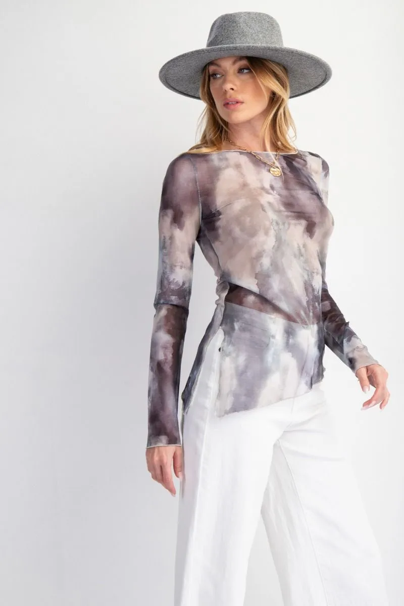 Gray Marble Long Sleeve Mesh Layering Top #010