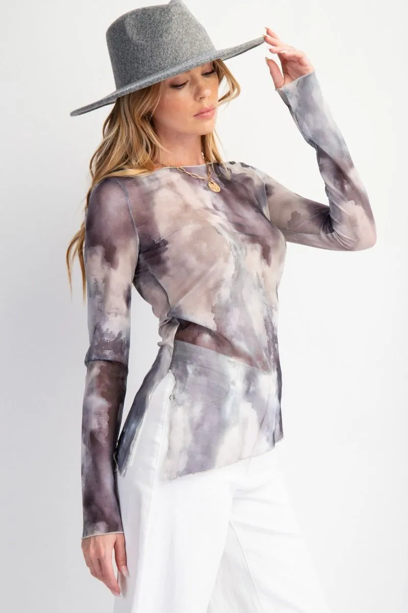 Gray Marble Long Sleeve Mesh Layering Top #010