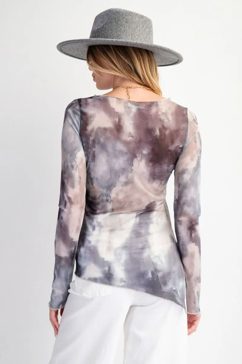 Gray Marble Long Sleeve Mesh Layering Top #010