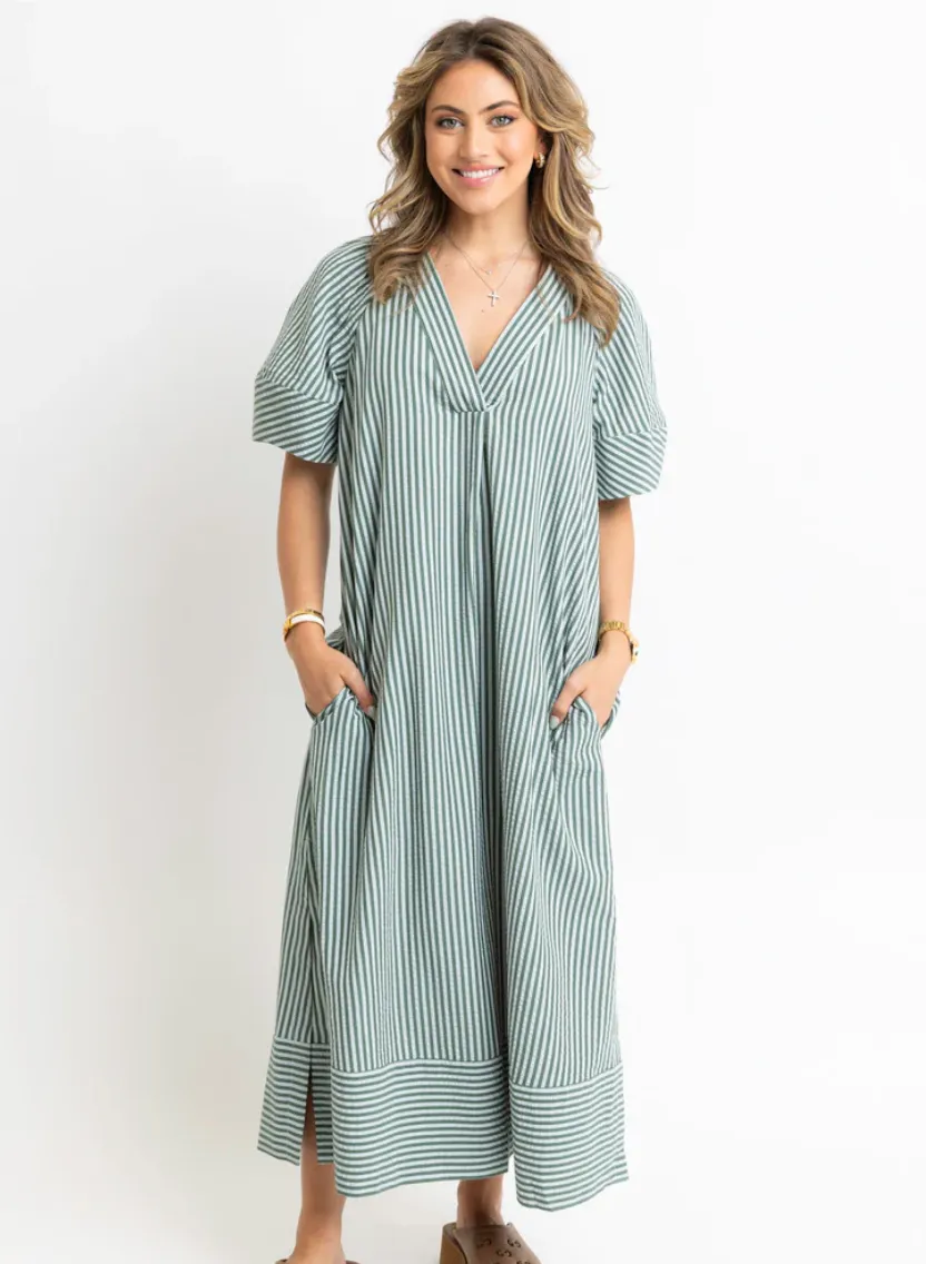 Green Stripe V-Neck Puff Sleeve Maxi Dress