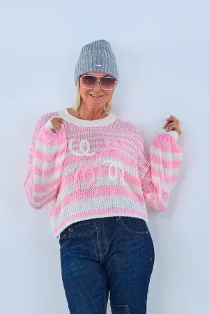 kurzer Strickpulli mit aufgenähten Kringeln, rosa-weiß