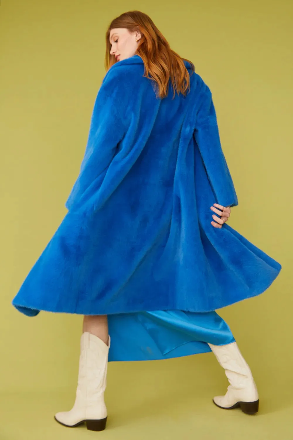 Ladies Electric Blue Faux Fur Midi Duchess Coat