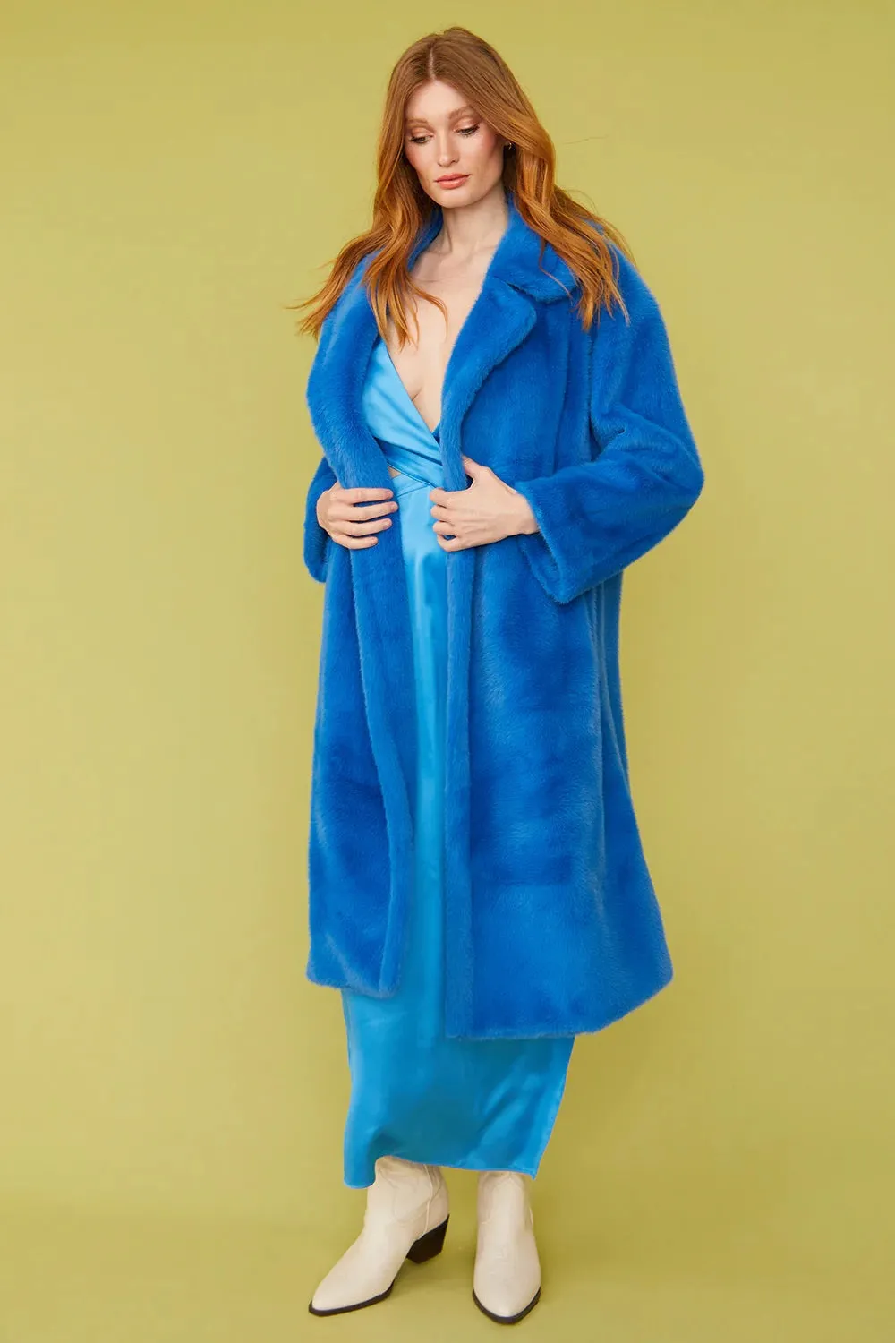 Ladies Electric Blue Faux Fur Midi Duchess Coat