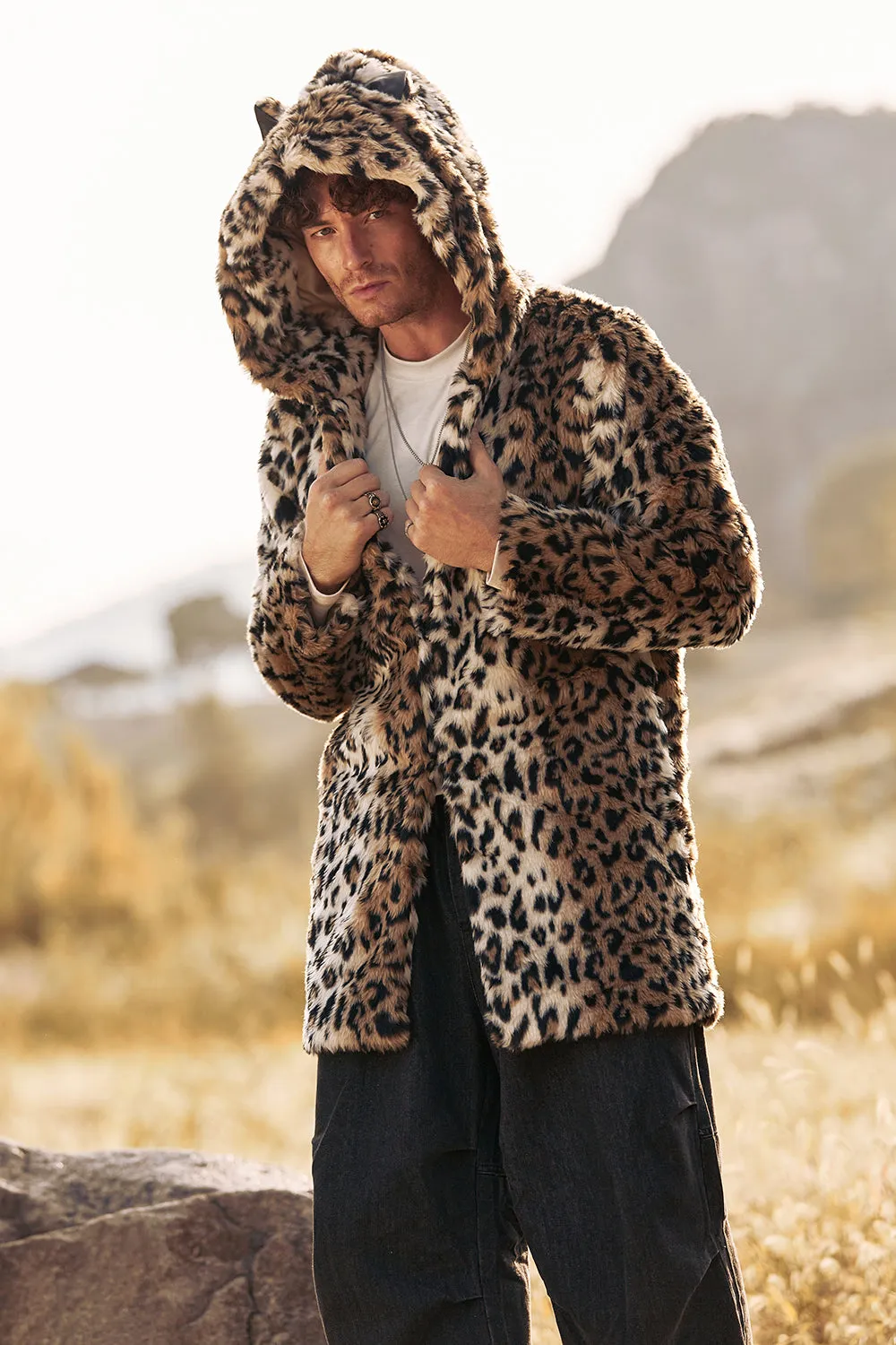 Leopard Mid-Length Faux Fur Winter Men's Coat