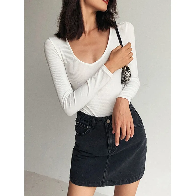 Long Sleeve Rib Knitted Solid Casual Lady Jumpsuit Bodysuit