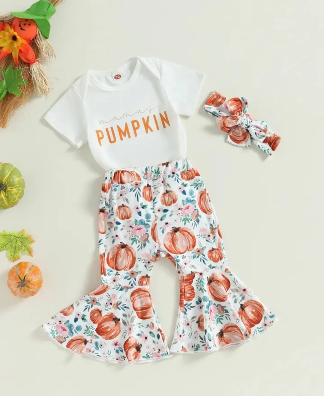 Mama's Pumpkin Romper with Bell Bottoms and Headband #100096