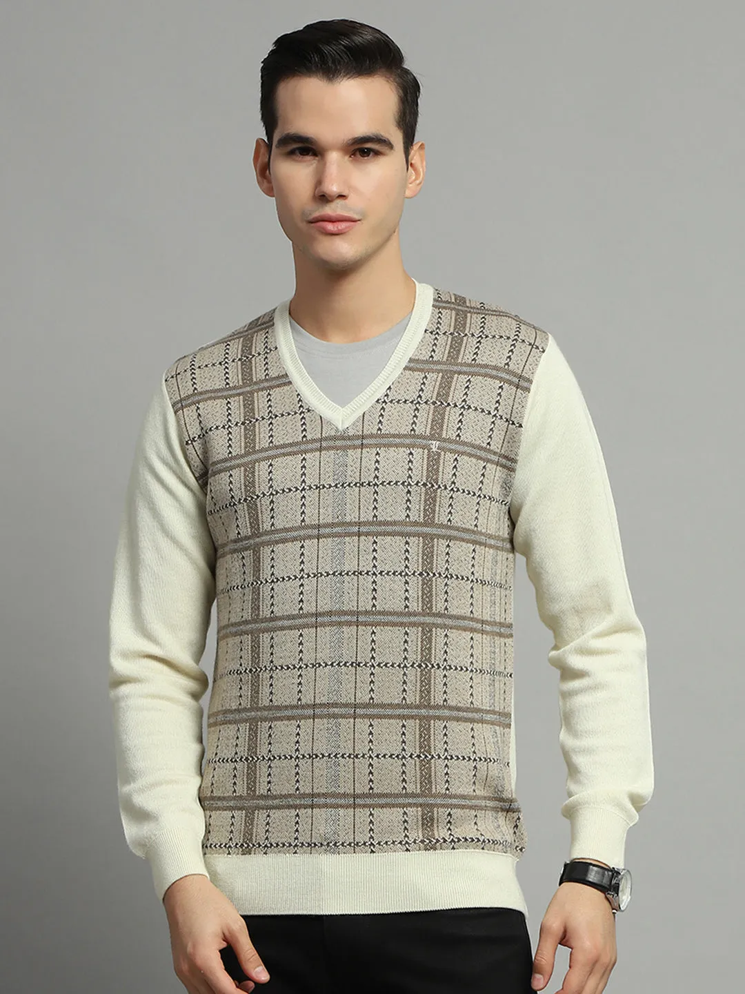 Men Cream Check V Neck Full Sleeve Pullover