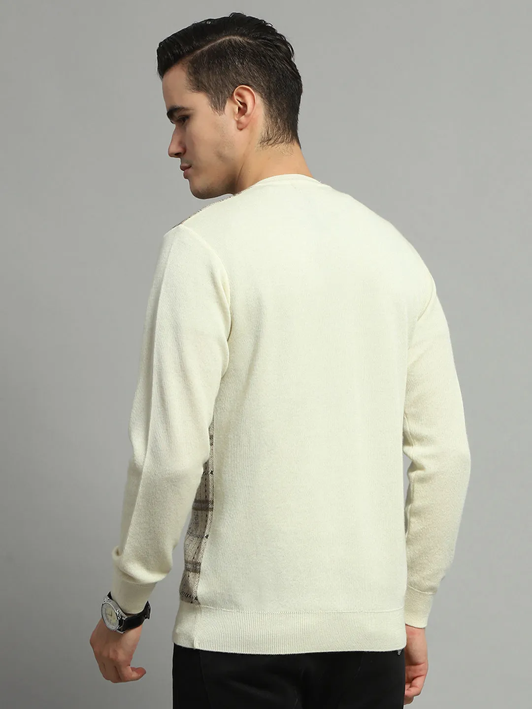 Men Cream Check V Neck Full Sleeve Pullover