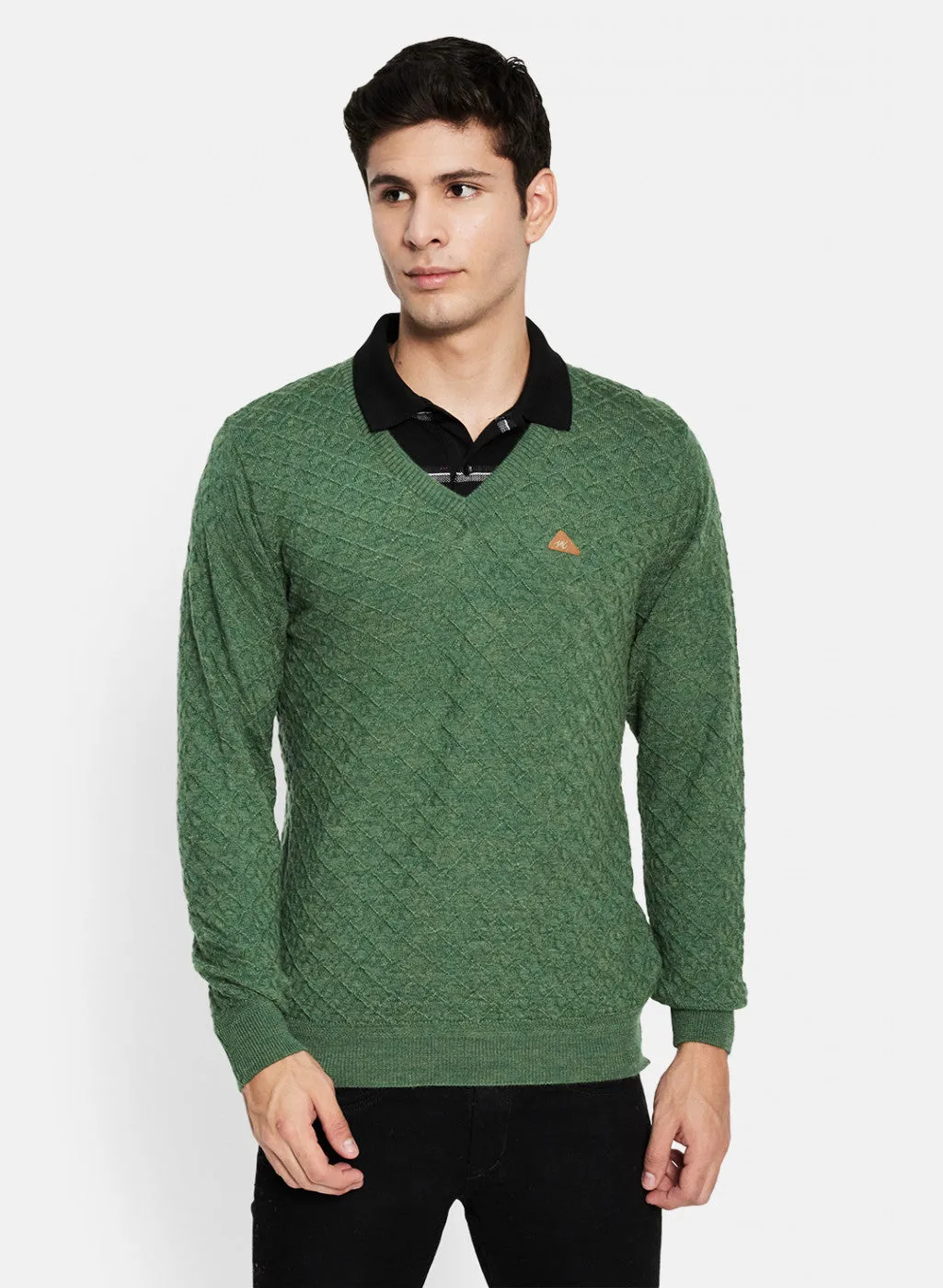 Men Green Melange Self Design Pullover