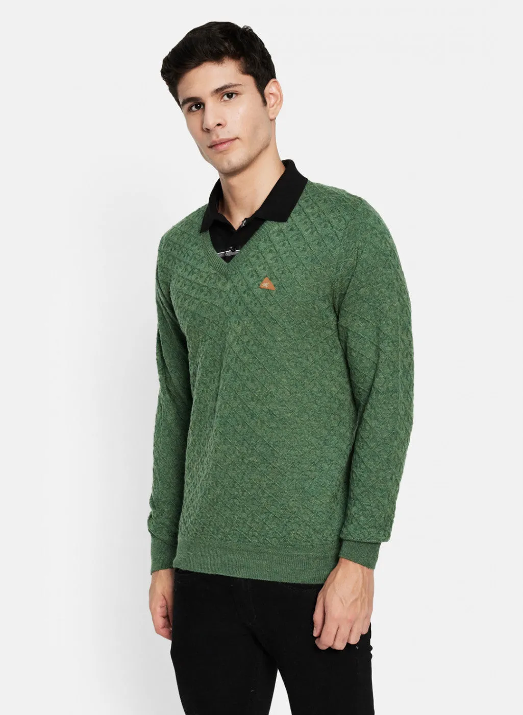 Men Green Melange Self Design Pullover