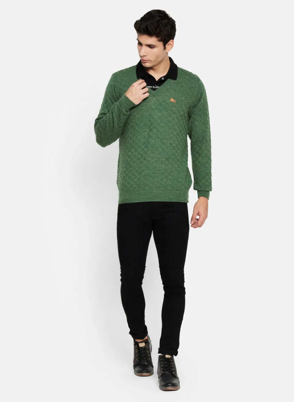 Men Green Melange Self Design Pullover