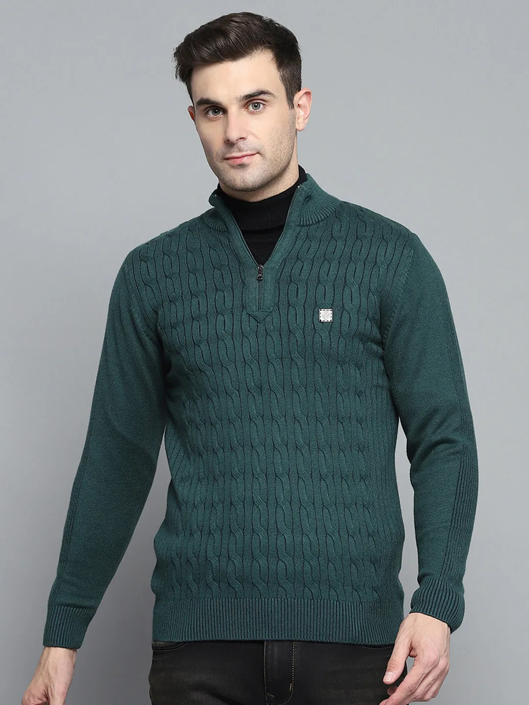 Men Green Self Design Mock Neck Full Sleeve Pullover