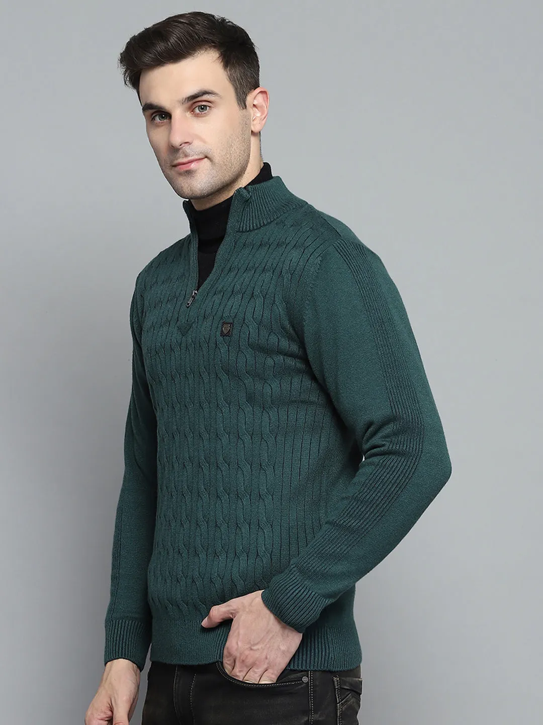 Men Green Self Design Mock Neck Full Sleeve Pullover