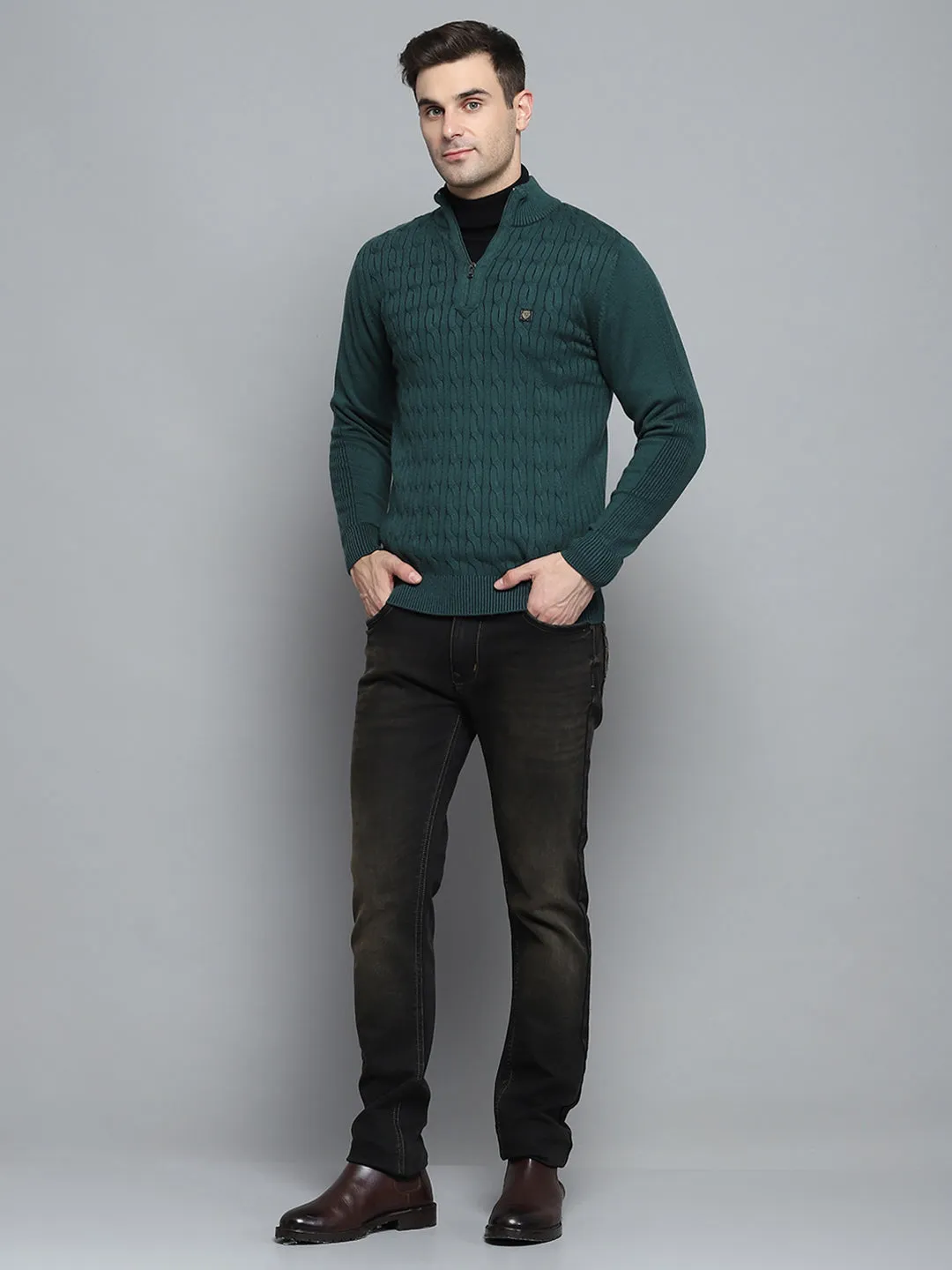 Men Green Self Design Mock Neck Full Sleeve Pullover