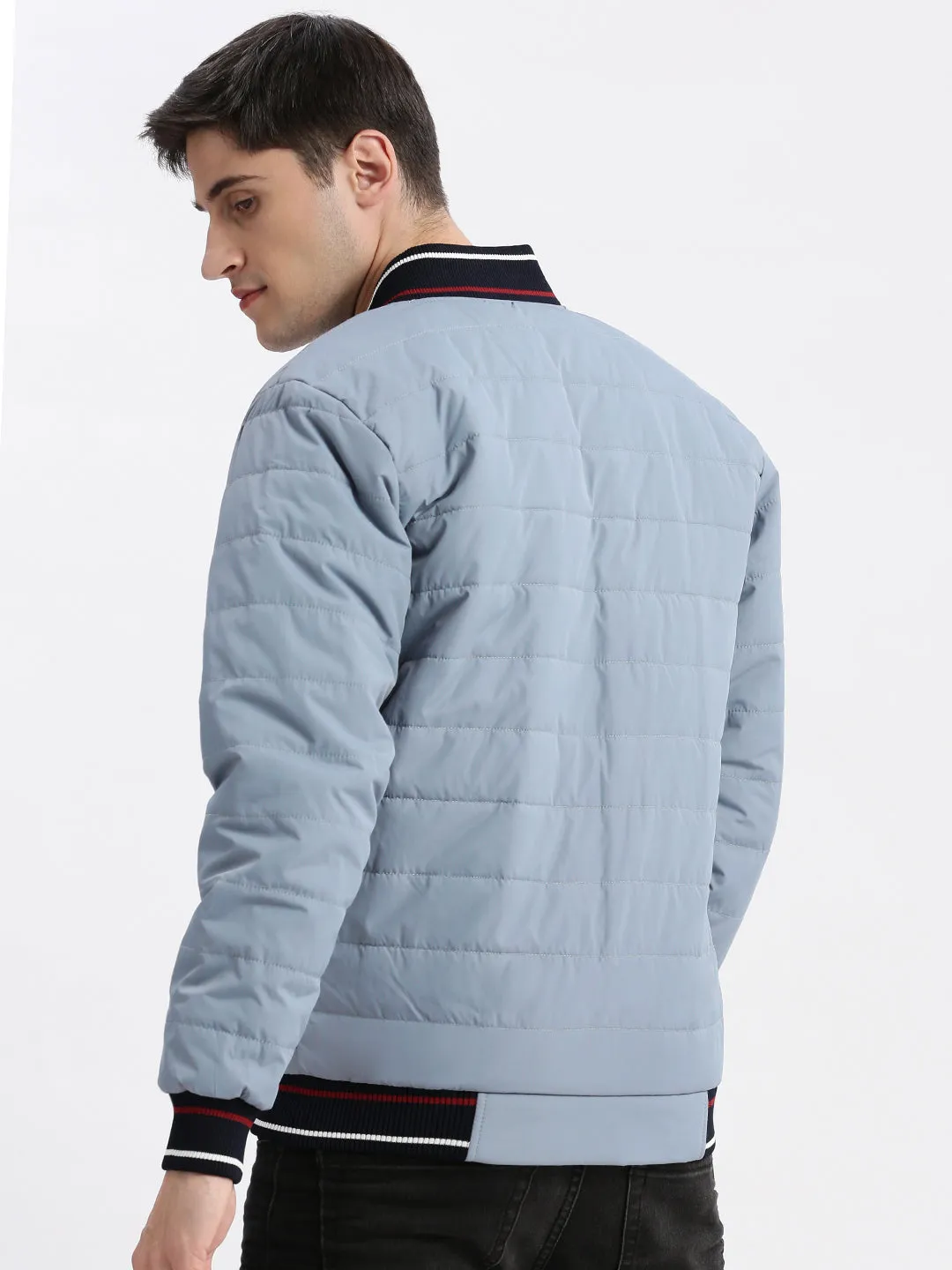 Men Typography Mandarin Collar Grey Puffer Jacket