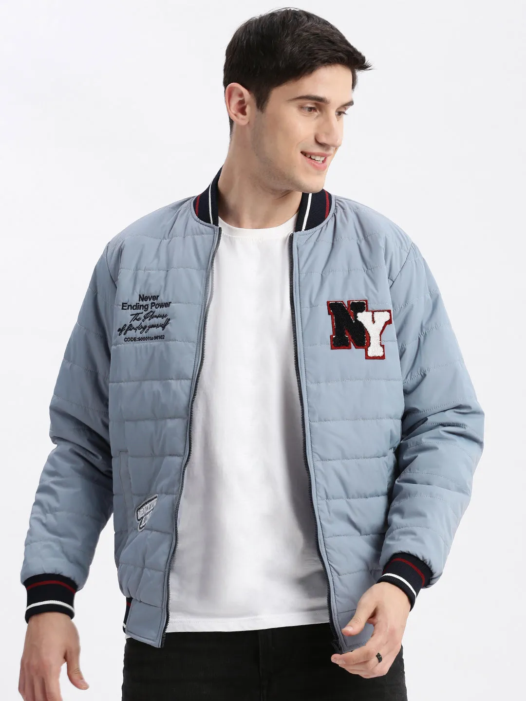 Men Typography Mandarin Collar Grey Puffer Jacket