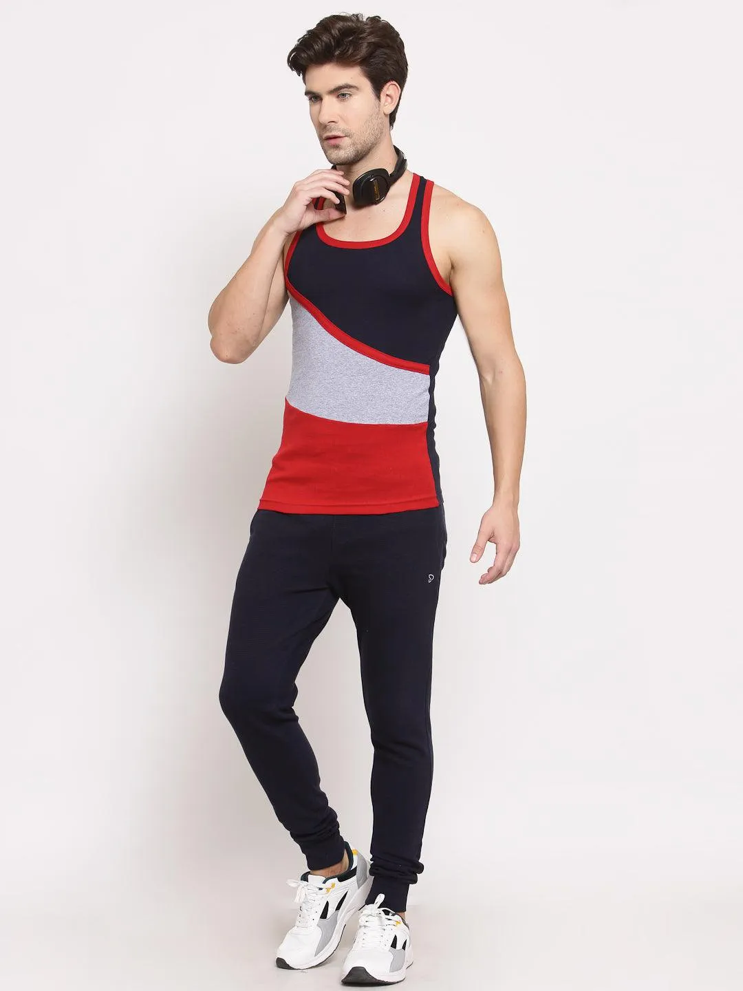 Men's 3-Colour Panel Gym Vest Pack Of 2 - (Red & Navy)