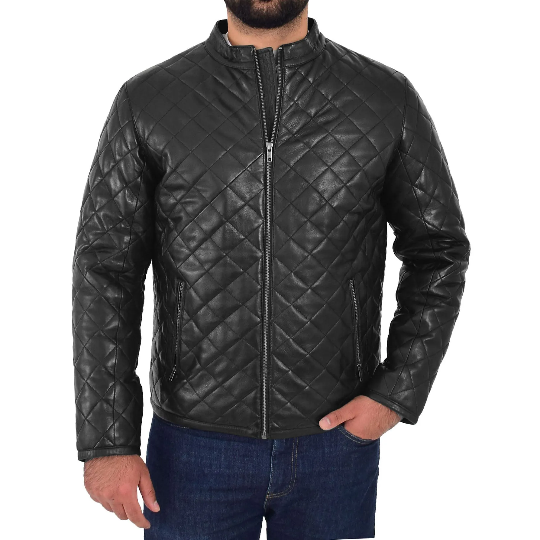 Mens Leather Puffer Jacket Padded Stand-up Band Collar Kyle Black