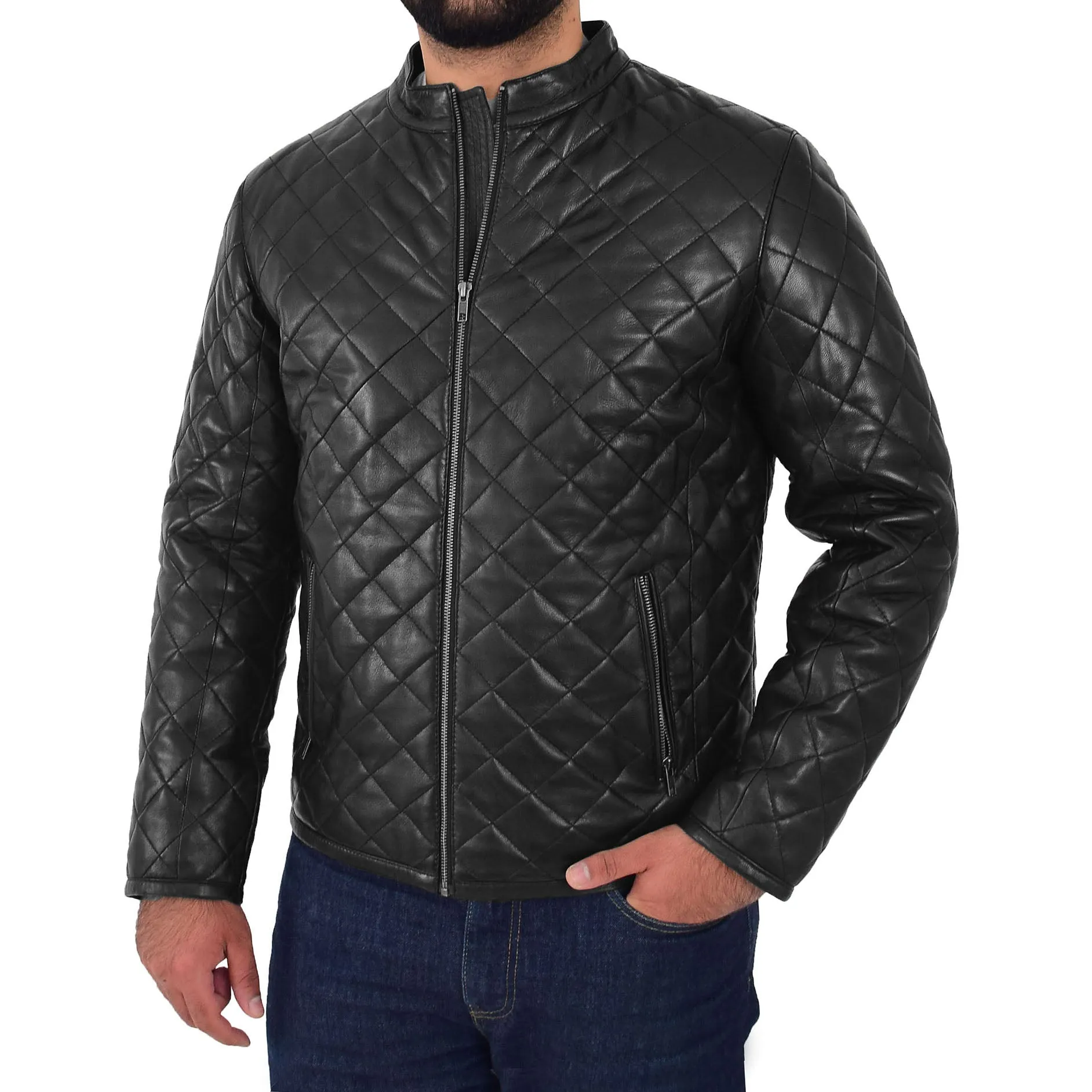 Mens Leather Puffer Jacket Padded Stand-up Band Collar Kyle Black