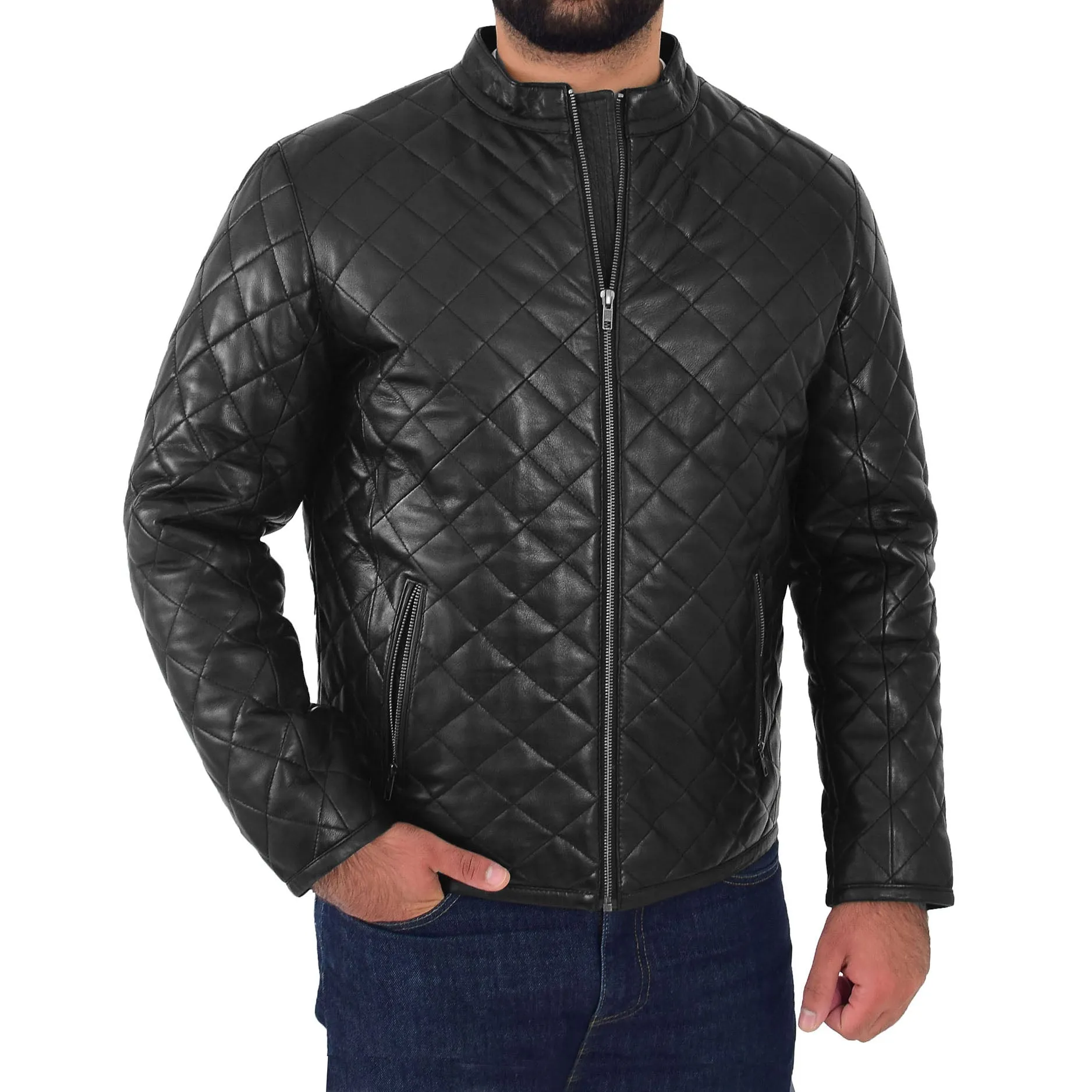 Mens Leather Puffer Jacket Padded Stand-up Band Collar Kyle Black