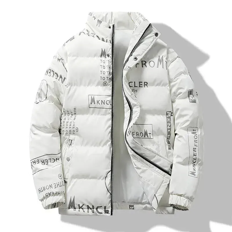 Men's Winter Fashion Printed Zip button Thick Rain Puffer Jacket