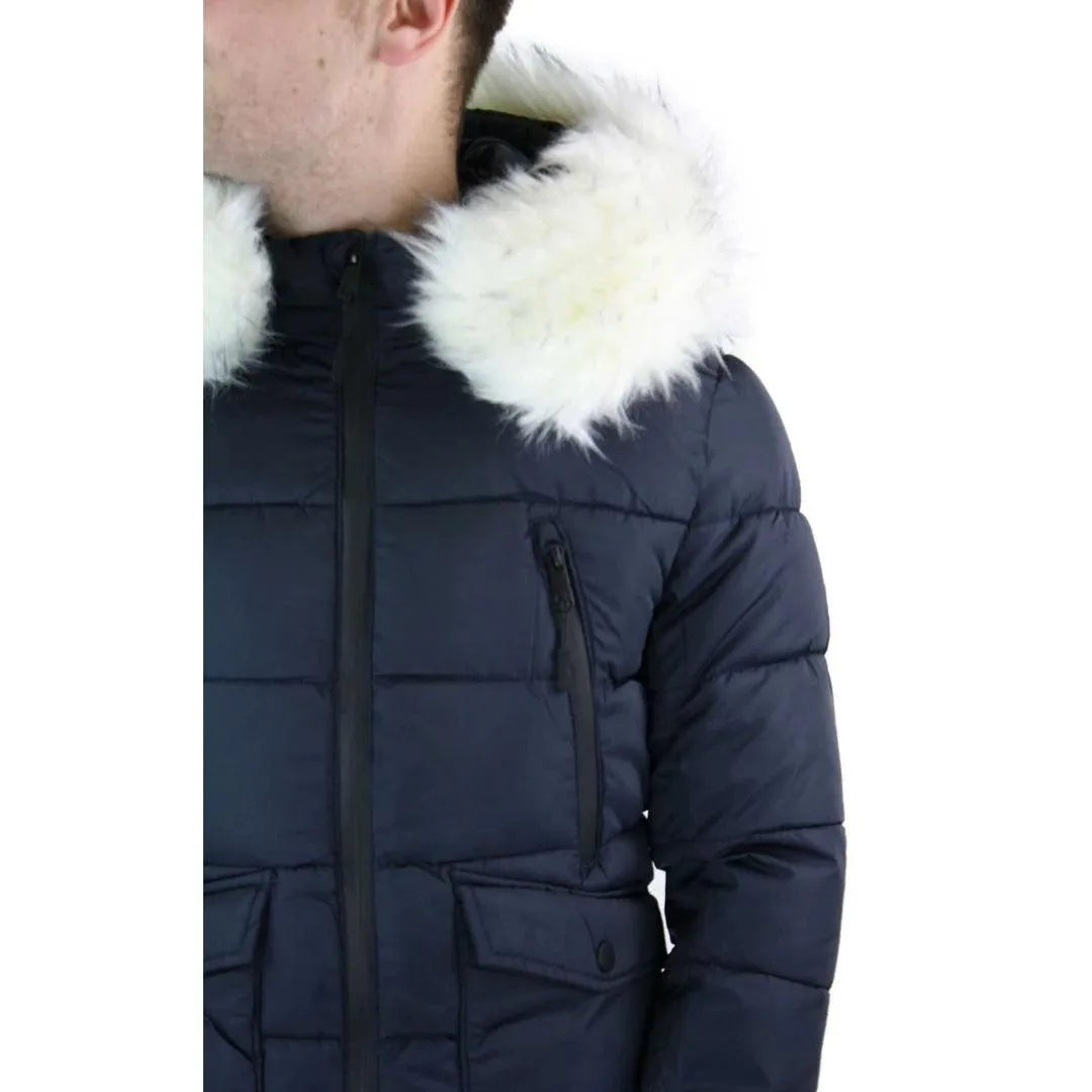 Mens Zip Hooded Fur Jacket Coat Puffer Quilted Warm Winter