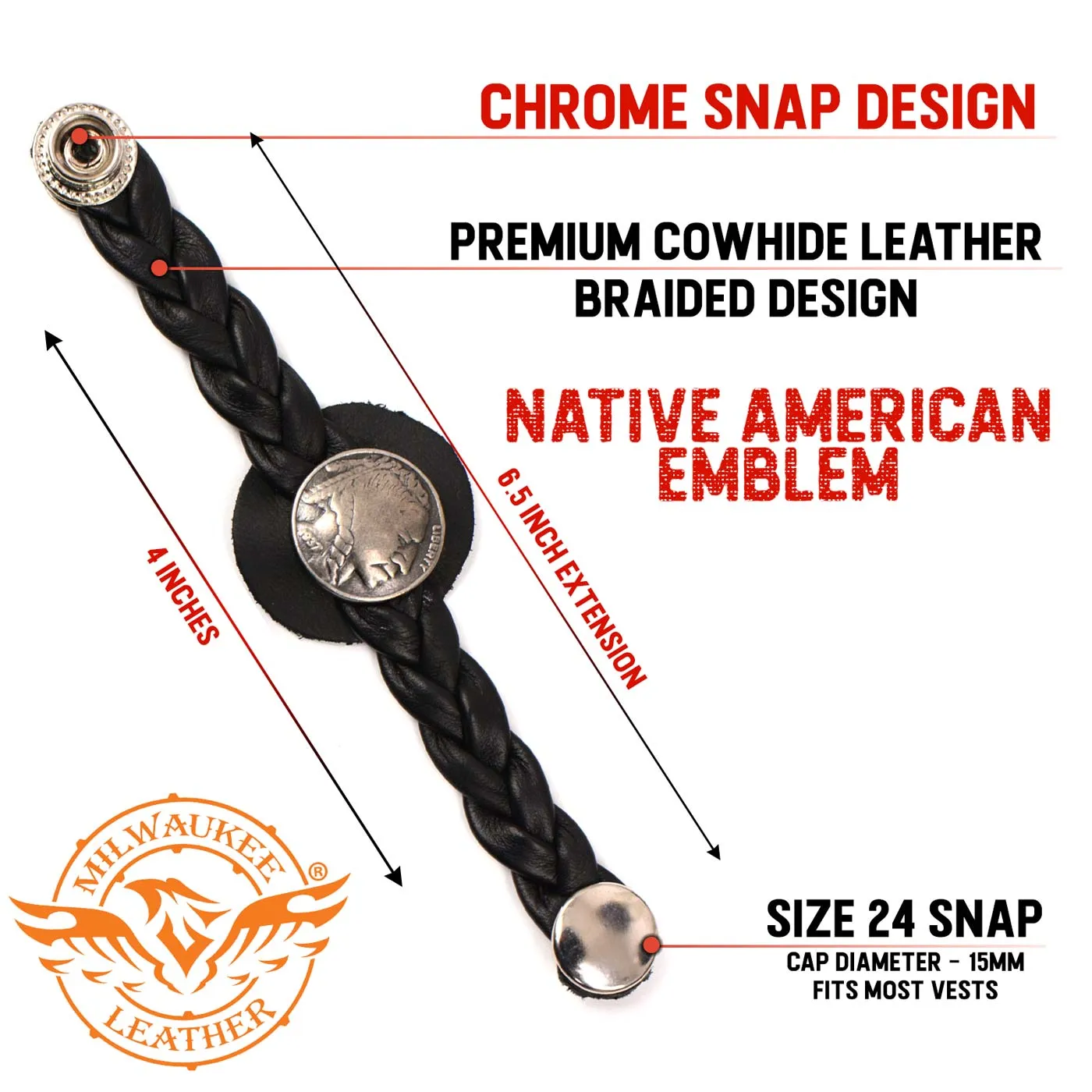 Milwaukee Leather Native American Medallion Vest Extender w/ Genuine Leather Braided Strap 6.5" Extension MLA1066-Single