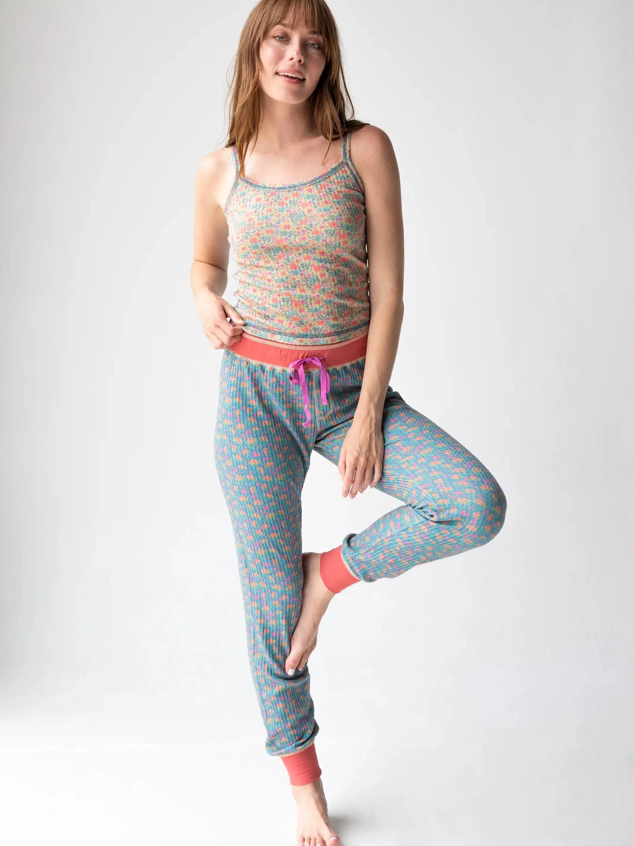 Mix & Match Waffle Long Johns - Bright Turquoise Floral