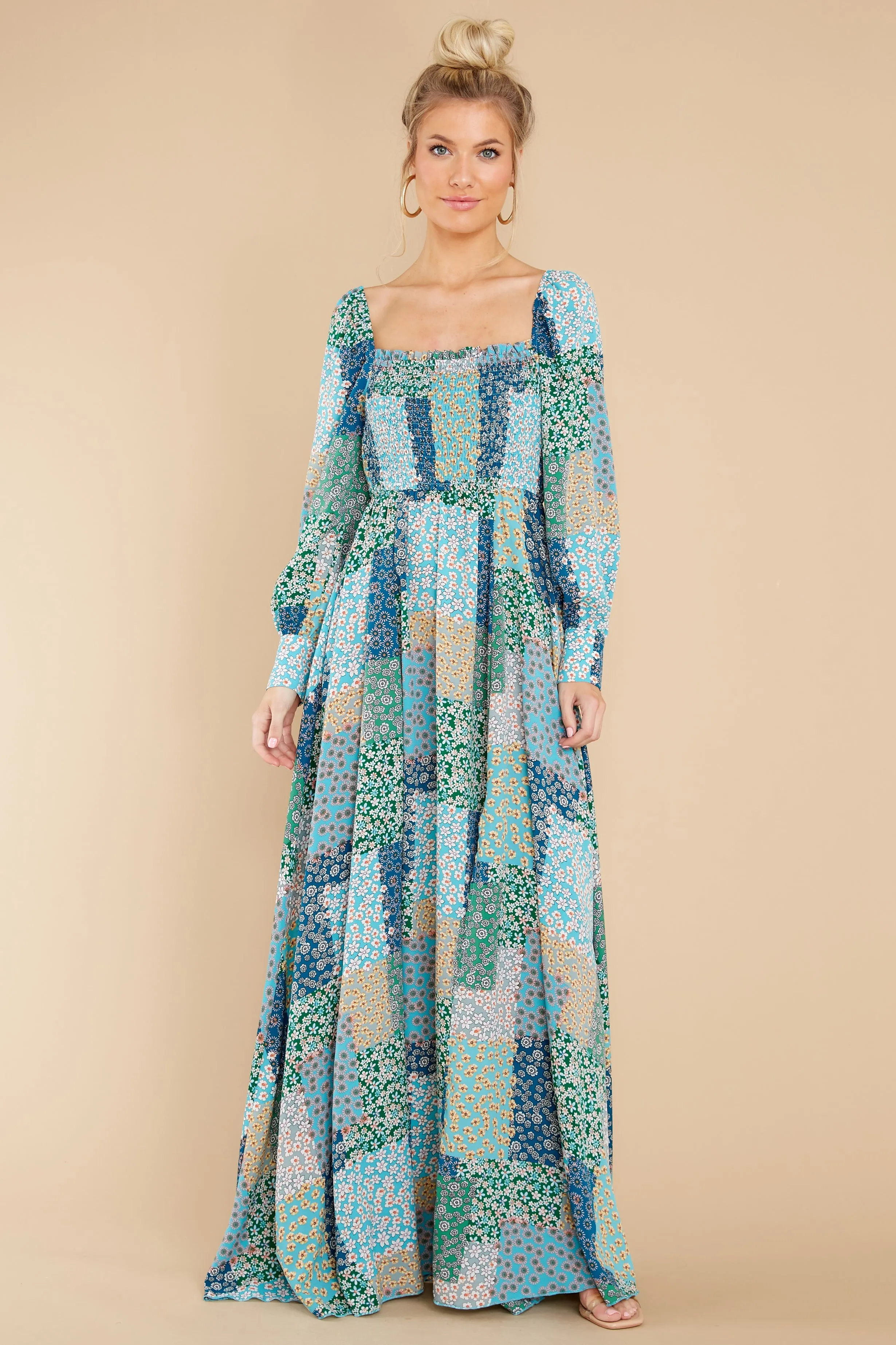 Patchwork Posies Green Floral Print Maxi Dress