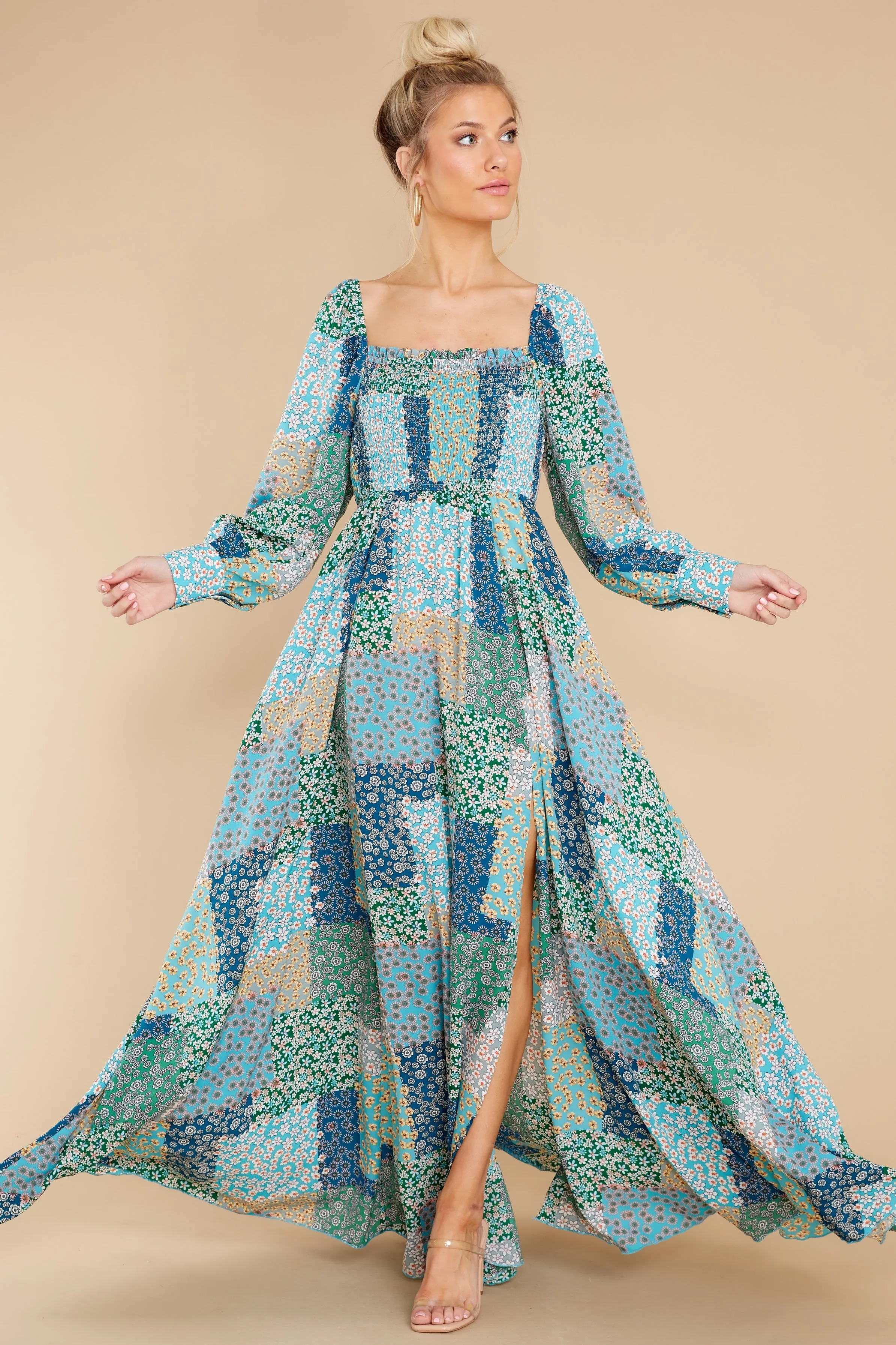 Patchwork Posies Green Floral Print Maxi Dress