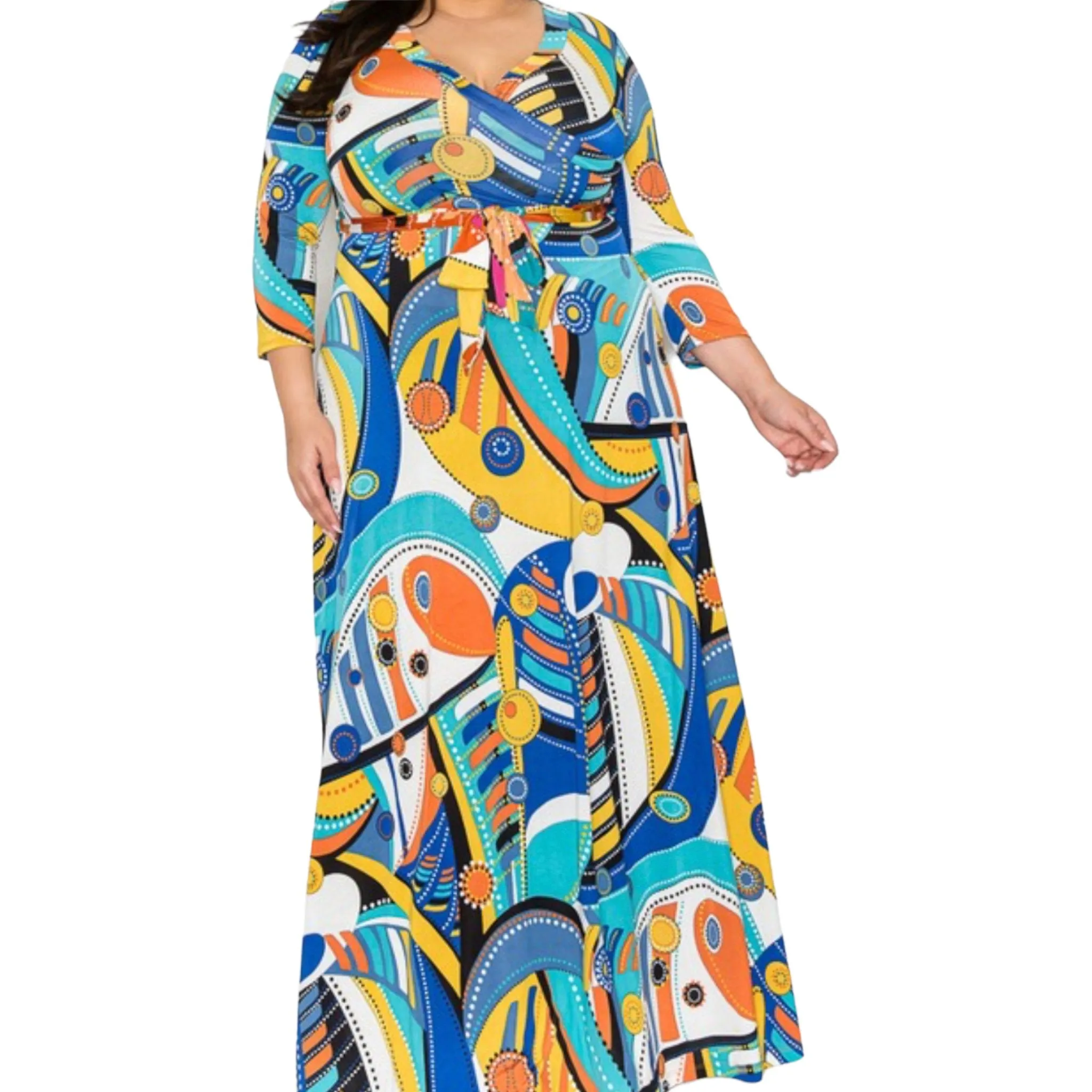 Plus Size Vibrant Geometric Faux Wrap Maxi Dress