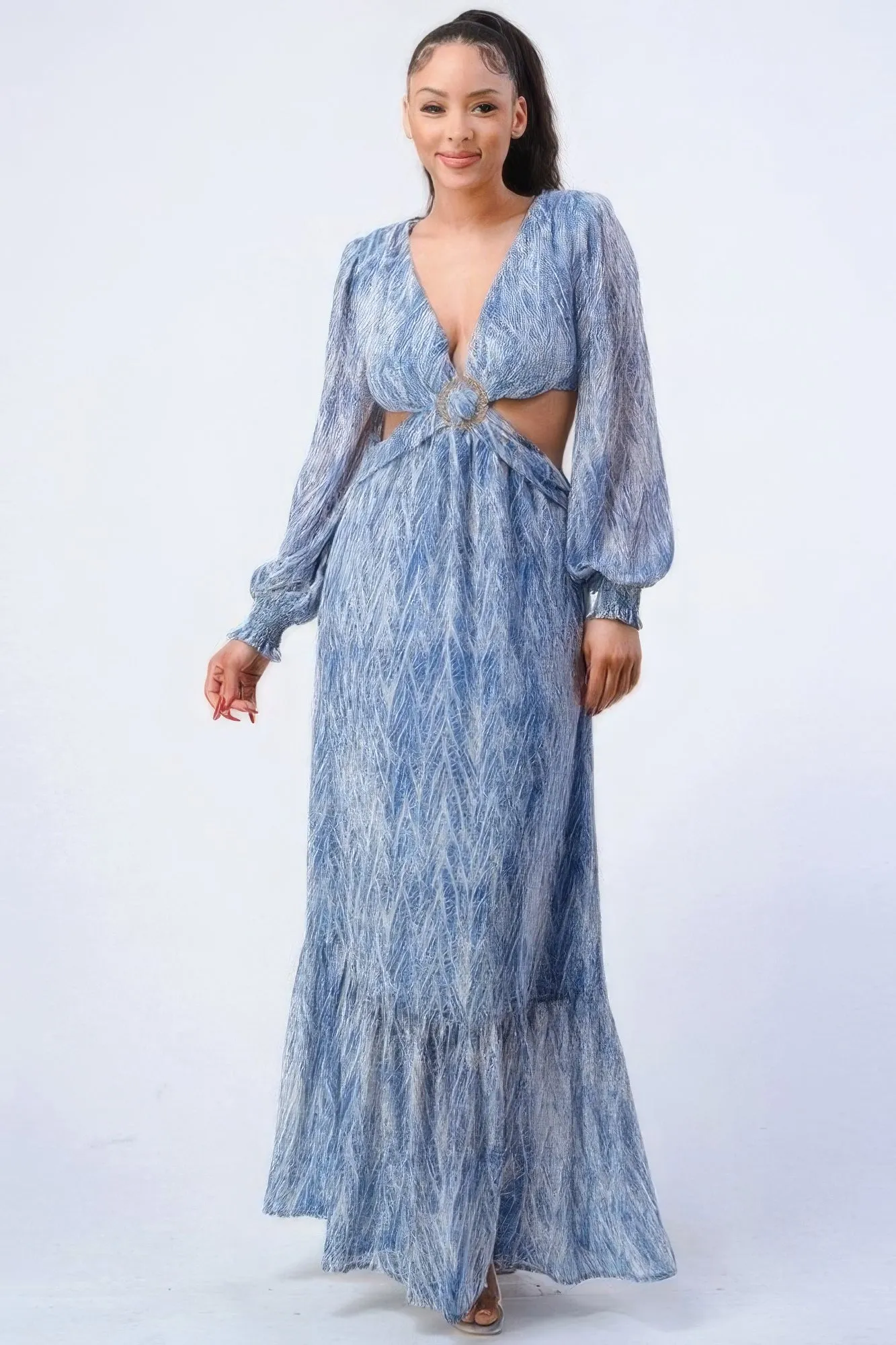 Printed V Neck Self Belted Side Cut Out Ruffled Maxi Dress