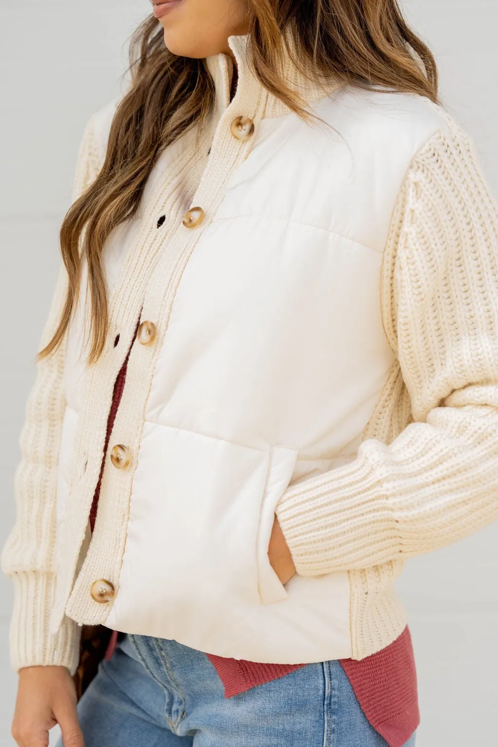 Puffer Body Knit Button Up Jacket