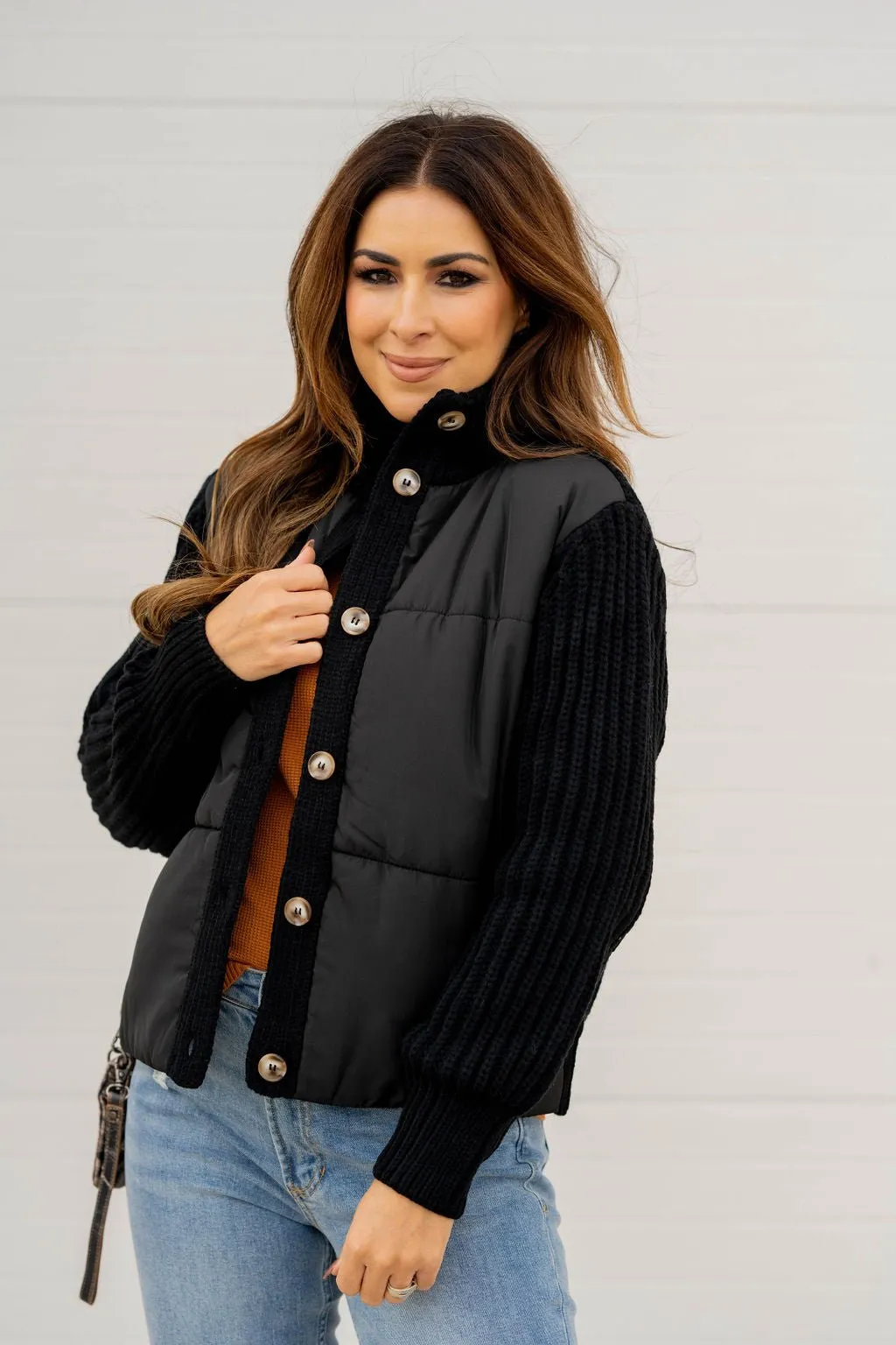 Puffer Body Knit Button Up Jacket