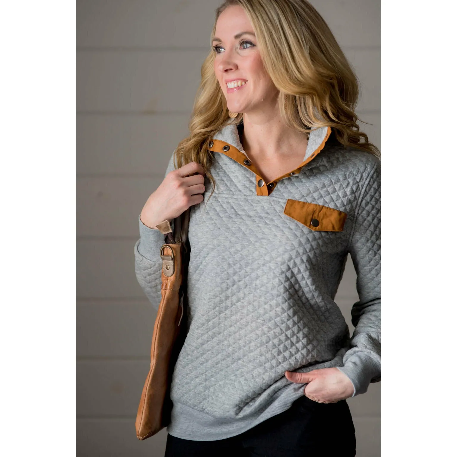 Quilted Button Accent Pullover - Cognac