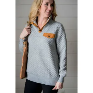 Quilted Button Accent Pullover - Cognac